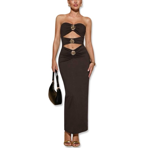 Brown Cut Out Strapless Maxi Dress with Gold Flower Hardware Details | BRAND NEW - Picture 2 of 6